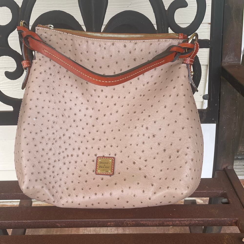 Dooney & Bourke Twist Strap Ostrich Hobo Shoulder Bag Red Interior Tassel Taupe
